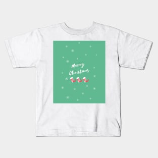 Merry Christmas Elf Shoes and Snowflakes on green Background Kids T-Shirt